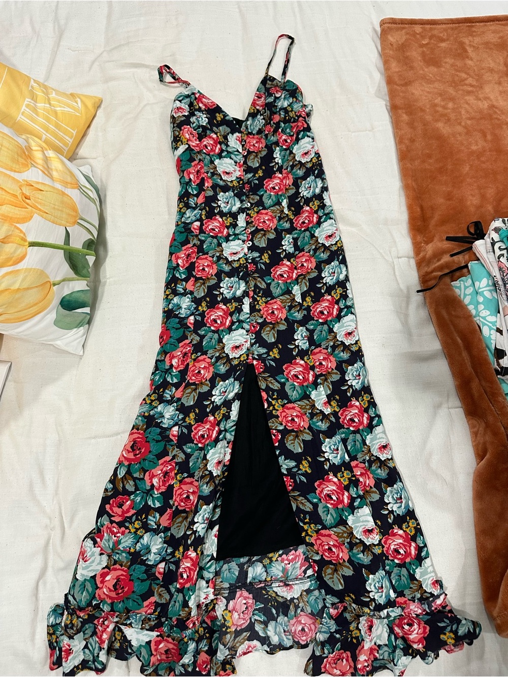 MAJORELLE Black Floral Slip Dress with Pink & Teal Accents